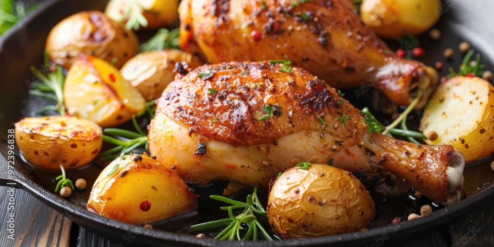 Roasted chicken leg accompanied by spiced potatoes with cumin and garlic. Roasted chicken leg accompanied by spiced potatoes with cumin and garlic.