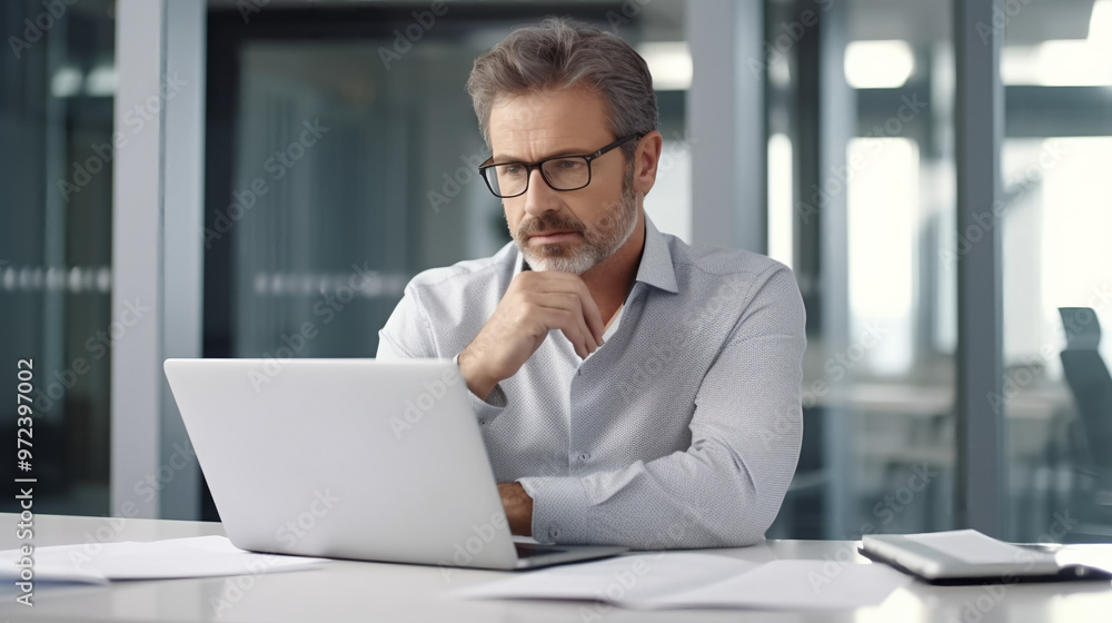 Photo of a middle-aged businessman sitting at his desk in an office, looking over papers with a thoughtful expression while using a laptop computer. Photo of a middle-aged businessman sitting at his desk in an office, looking over papers with a thoughtful expression while using a laptop computer.