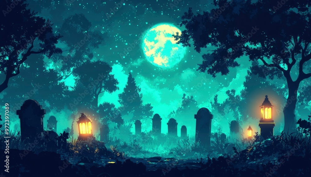 Naklejka premium A Mystical Forest Path Lit by Lanterns Under a Full Moon