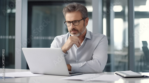 Photo of a middle-aged businessman sitting at his desk in an office, looking over papers with a thoughtful expression while using a laptop computer. 