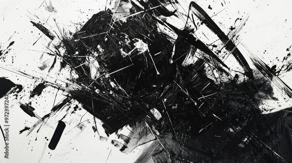 Fototapeta premium A chaotic mix of scribbles and shapes in black and white, forming an expressive and raw abstract design. Background