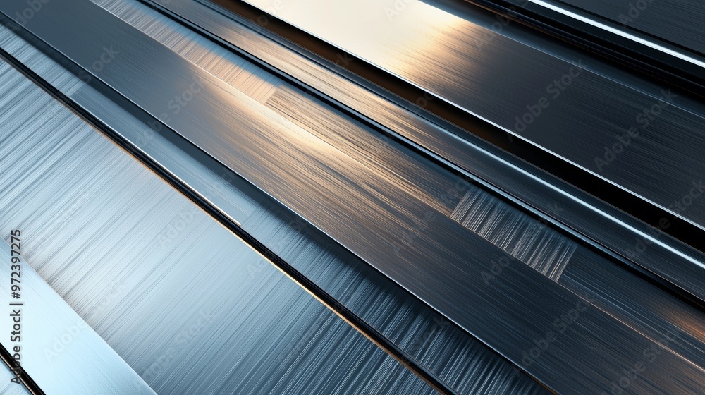 Parallel brushed metal surfaces are reflecting light creating an abstract industrial background with a modern and futuristic feel Parallel brushed metal surfaces are reflecting light creating an abstract industrial background with a modern and futuristic feel
