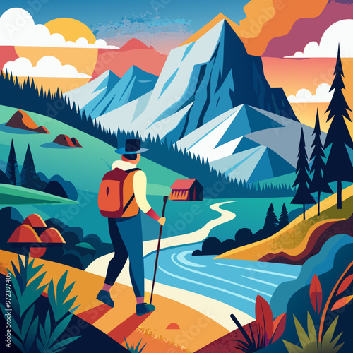 vector illustration of hiking climbing in mountain