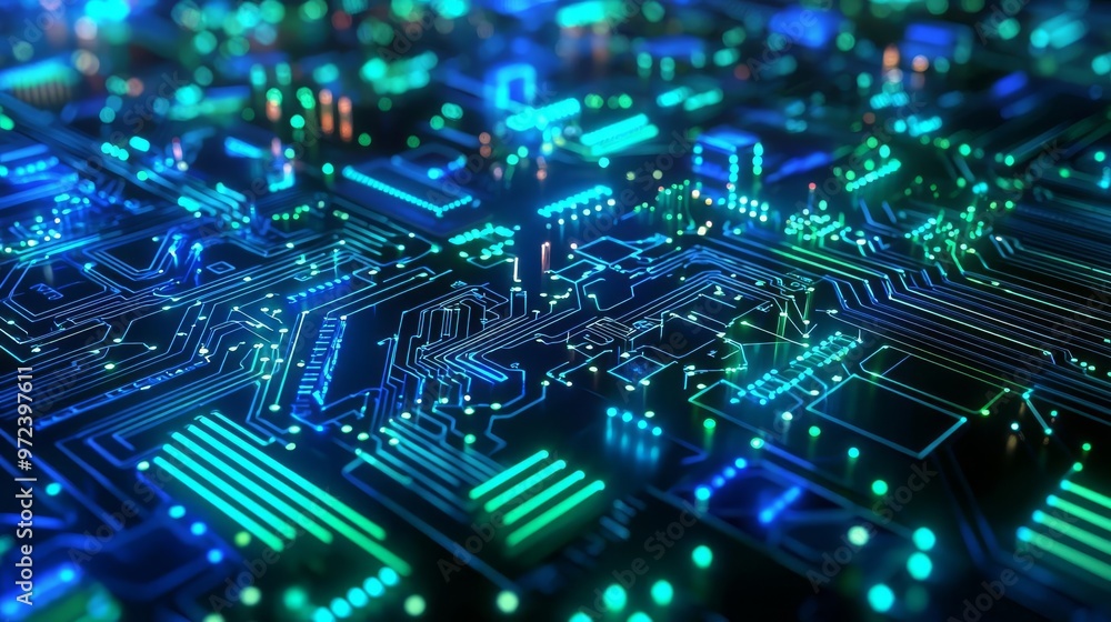 A futuristic circuit board pattern in glowing blue and green, symbolizing technology and innovation. Background A futuristic circuit board pattern in glowing blue and green, symbolizing technology and innovation. Background