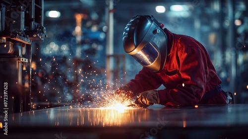 A man in a welding helmet is welding metal in a factory