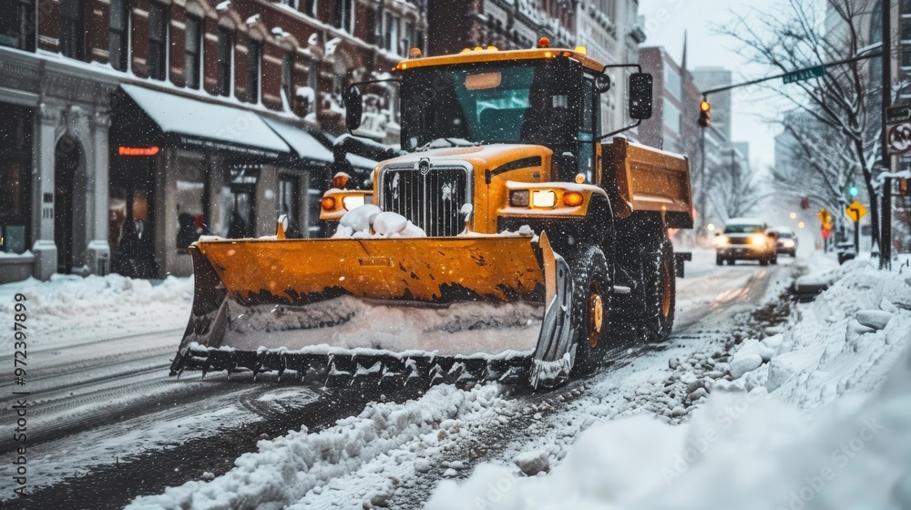 Snowplow clearing roads during winter blizzard traffic management and snow removal operations Snowplow clearing roads during winter blizzard traffic management and snow removal operations