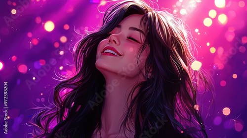 Close-up of a joyful young woman with flowing dark hair against a vibrant, colorful background.
