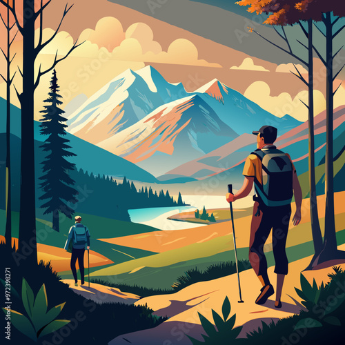 vector illustration of hiking climbing in mountain