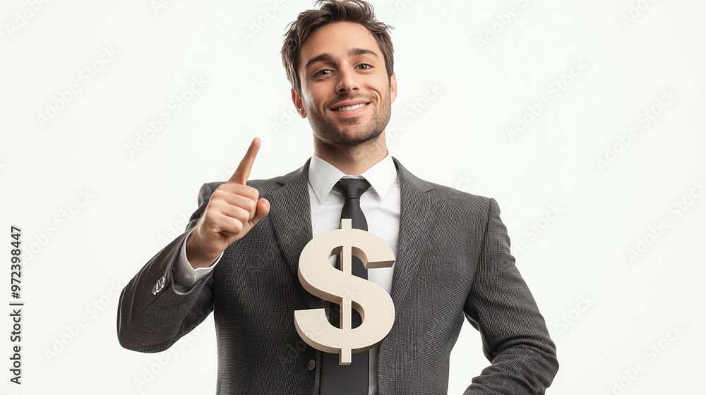 A businessman pointing at a large dollar sign, symbolizing financial success, isolated on a white background A businessman pointing at a large dollar sign, symbolizing financial success, isolated on a white background