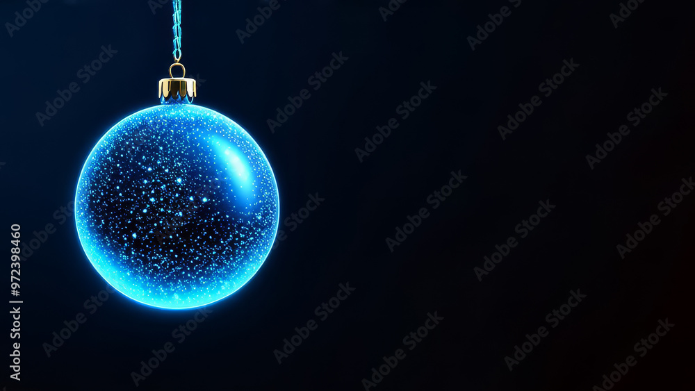 Fototapeta premium A blue sparkling Christmas tree ball on a dark blue background. A New Year's or Christmas card. Banner.