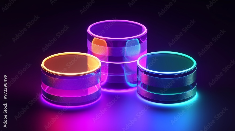 Vibrant neon-hued transparent cylinders illuminated against a dark backdrop creating a modern, abstract art piece Vibrant neon-hued transparent cylinders illuminated against a dark backdrop creating a modern, abstract art piece