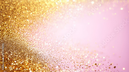 Abstract gold sparkling specks of dust on a pink background. Banner.