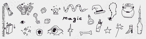 Mystical magic collection elements: fortune-telling cards, potion, eye, etc. set of halloween clipart. Trendy modern doodle vector illustration. hand-drawn vector art