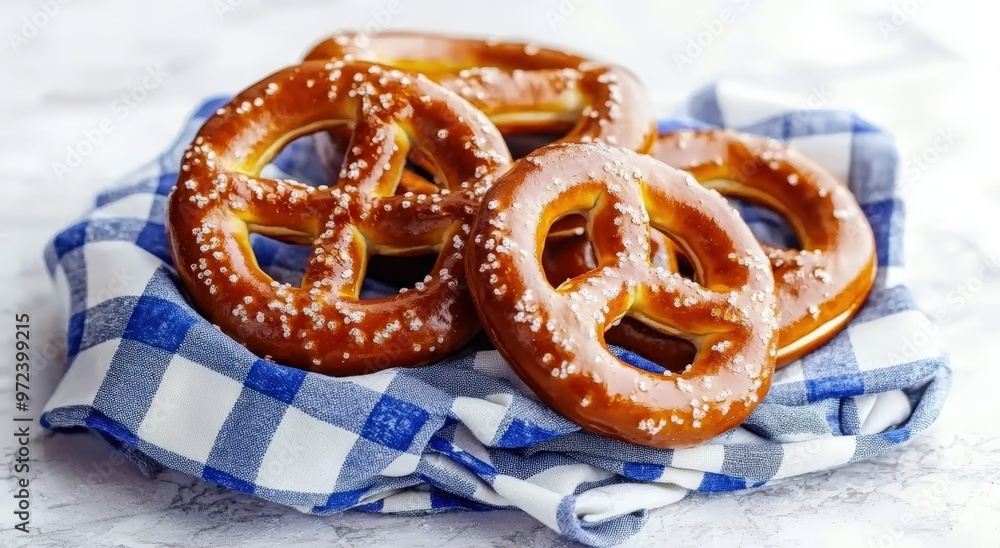 Freshly baked soft pretzels arranged on a blue checkered cloth. Freshly baked soft pretzels arranged on a blue checkered cloth.