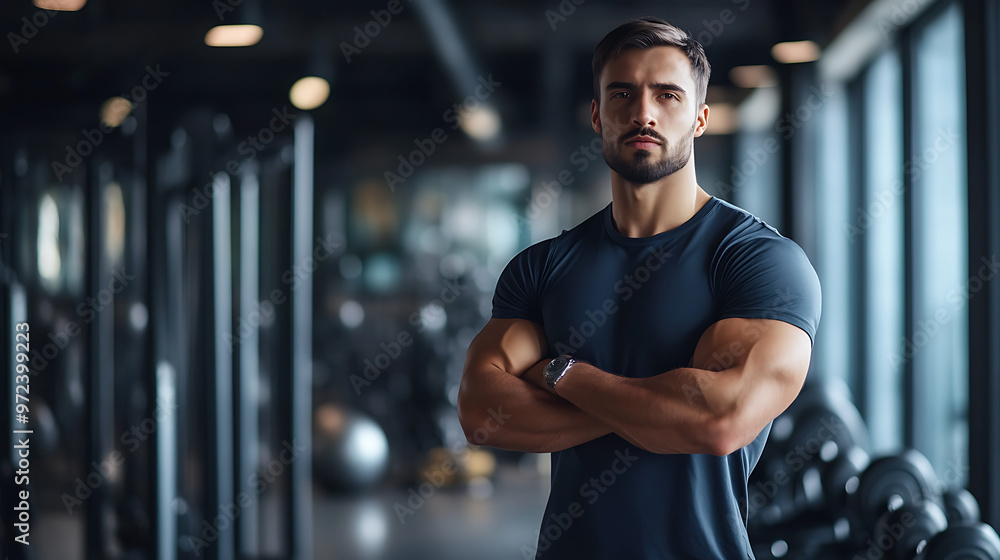 Muscular man stands with his arms crossed in a gym in the background, blurred Muscular man stands with his arms crossed in a gym in the background, blurred