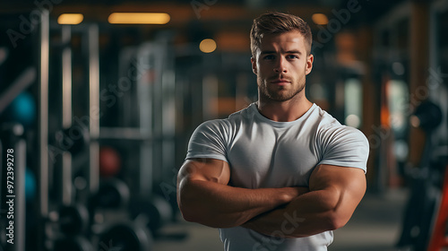 Muscular man stands with his arms crossed in a gym in the background, blurred