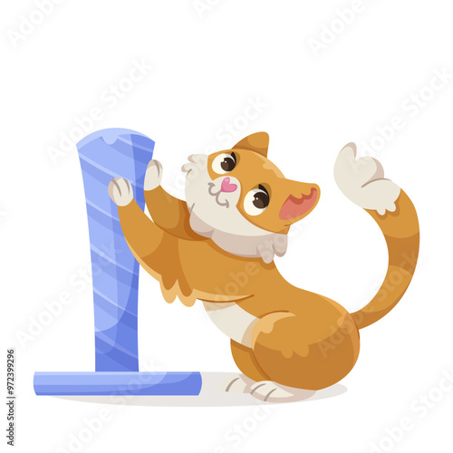 Adorable orange cat scratching a blue post on a white background. Concept of playful pets. Vector illustration