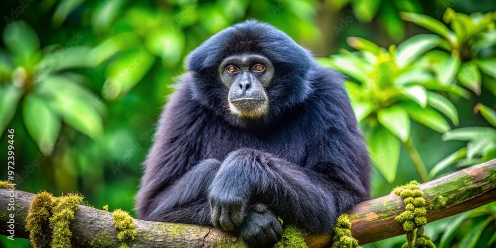 A majestic siamang gibbon perches on a lush, emerald-green tree branch, its sleek black fur and expressive eyes A majestic siamang gibbon perches on a lush, emerald-green tree branch, its sleek black fur and expressive eyes