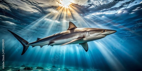 A majestic silky shark swims through the crystal-clear waters of the ocean, its sleek silver body glistening in photo