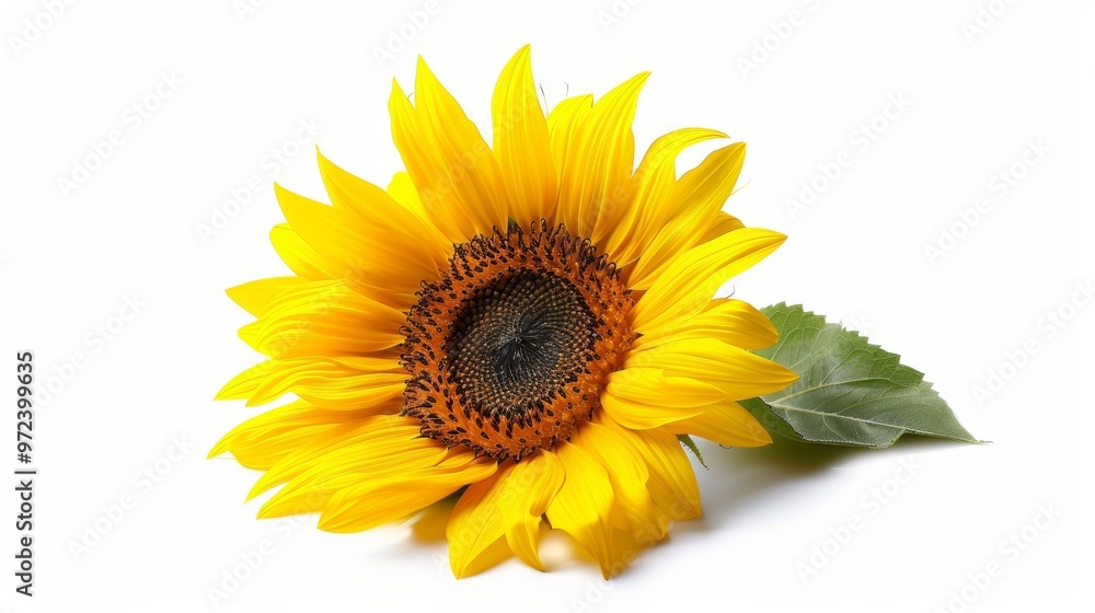 Fototapeta premium Single Yellow Sunflower with Green Leaf on White Background