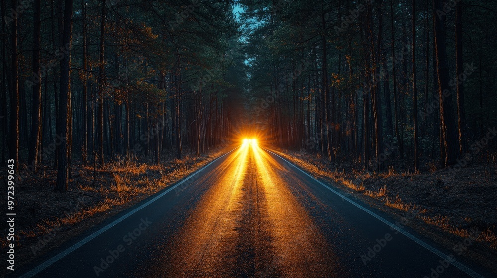 Night road in pine forest, car headlights illuminating the path, mysterious and adventurous Night road in pine forest, car headlights illuminating the path, mysterious and adventurous