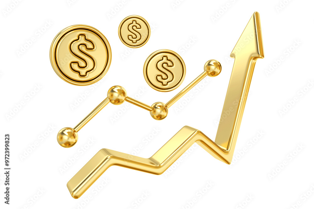 Golden Growth Trajectory, gleaming golden arrow ascends chart, symbolizing soaring profits and financial success, with dollar coins emphasizing the upward trend, 3d rendering