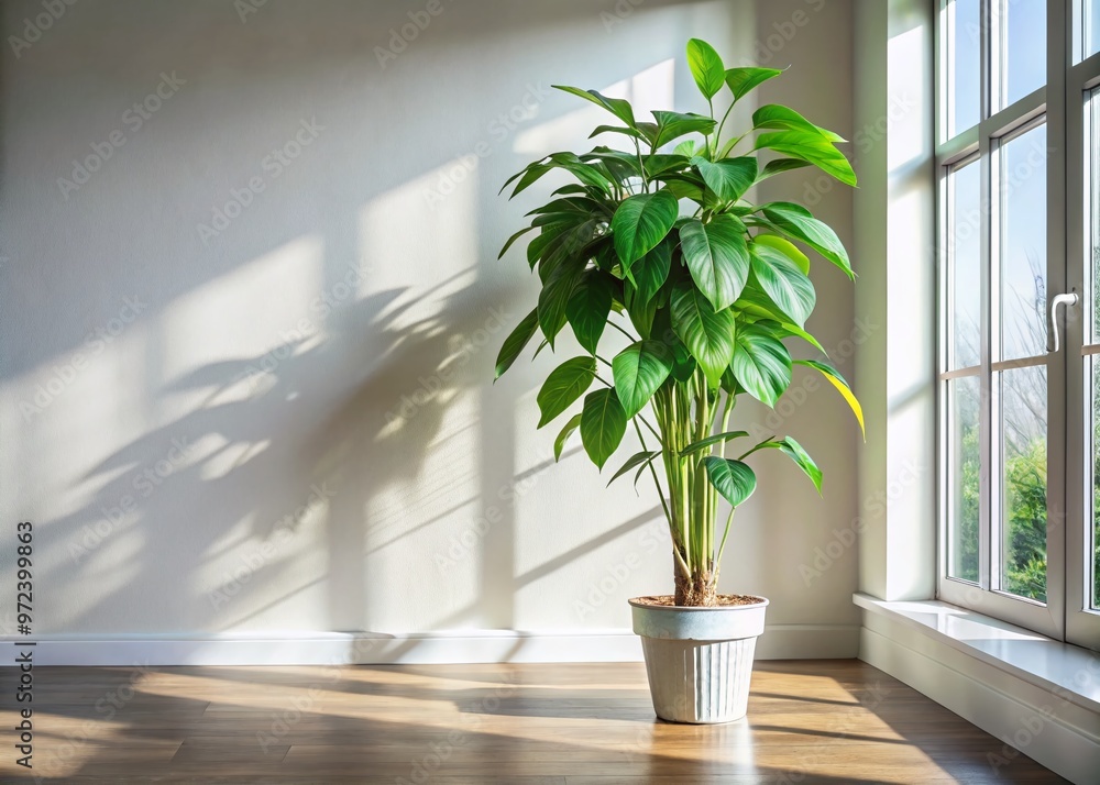 A majestic, slender indoor plant stands tall, its lush green leaves unfolding from a slender stem, illuminated by A majestic, slender indoor plant stands tall, its lush green leaves unfolding from a slender stem, illuminated by