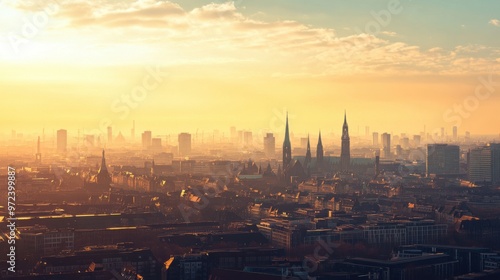 Hamburg from the sky, with its iconic skyline featuring skyscrapers and historic landmarks.