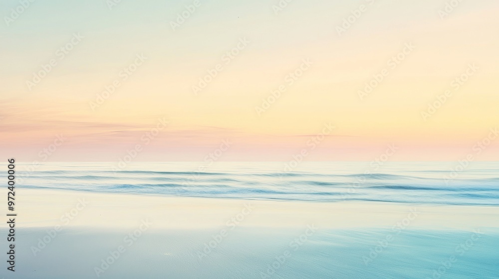 Fototapeta premium Soft, pastel colors dominate the sky as the sun rises over a serene beach scene, creating a calming and peaceful atmosphere