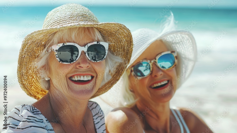 Senior Women Enjoying a Day at the Beach, Relaxation and Friendship Concept Generative AI
