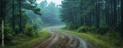 Dirt road winding through pine forest, rugged and wild