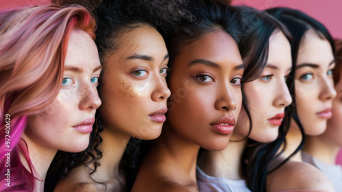 Portrait of a group of young multiracial women on a pink background. Beautiful models posing indoors. Beauty, fashion concept.