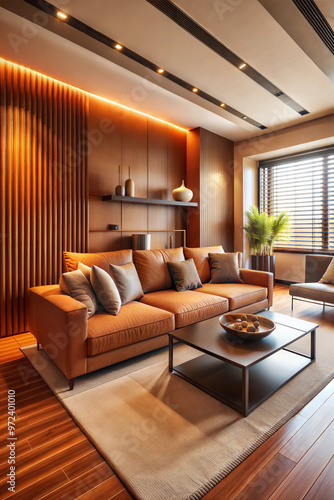 Modern living room interior, cozy mood, stylish furniture arrangement, warm lighting, copy space