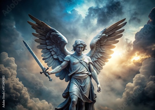 A majestic stone statue of an archangel stands tall, wings outstretched, sword in hand, radiating power and protection photo