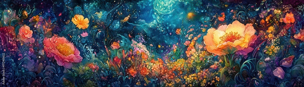 Close-up shot of a mystical garden scene Close-up shot of a mystical garden scene
