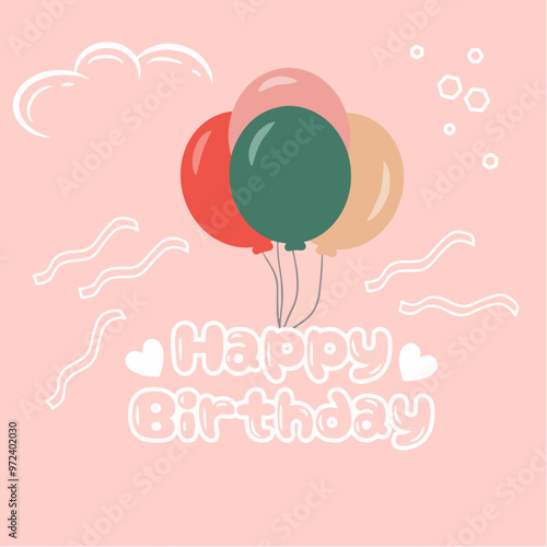 CUTE BIRTHDAY CARD WITH BALLOON AND DOODLE LINE AND PINK BACKGROUND COLOR