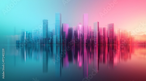 A digital artwork using chrome effects to depict a futuristic city skyline under a neon-lit sky,