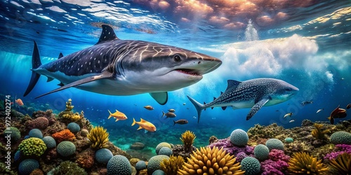 A majestic whale swims alongside a massive shark in the crystal-clear waters of a vibrant coral reef, showcasing