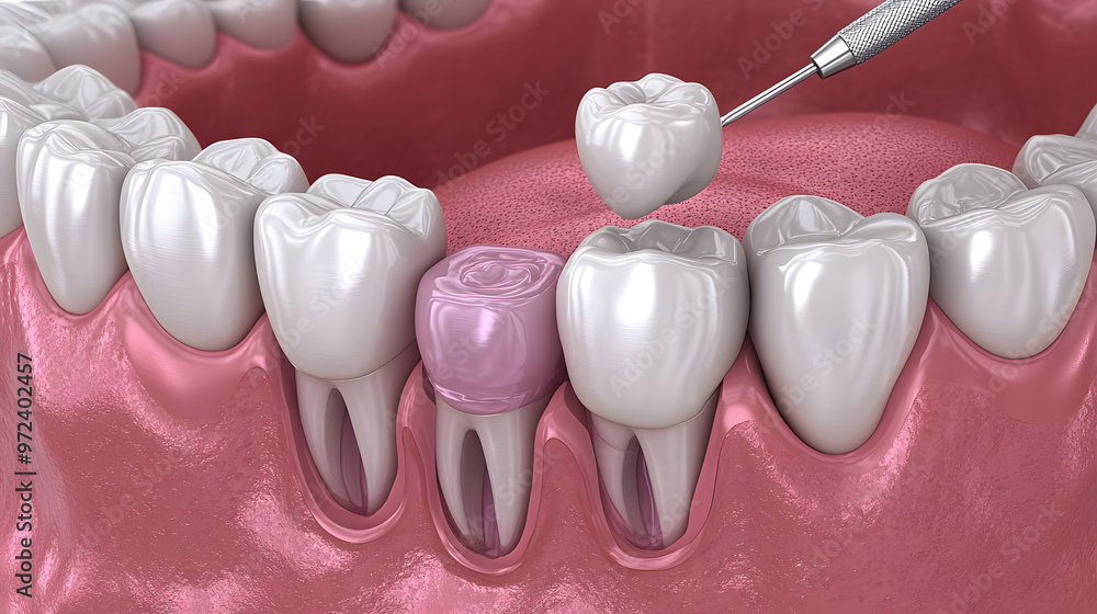 Dental procedure showcasing the placement of a dental crown on a tooth, emphasizing oral health and restoration techniques. Dental procedure showcasing the placement of a dental crown on a tooth, emphasizing oral health and restoration techniques.