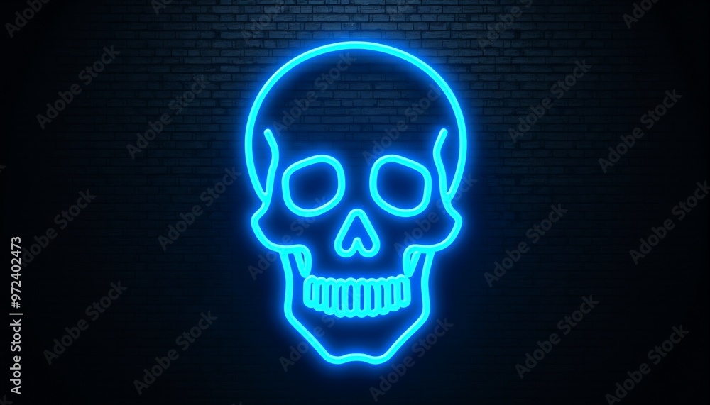 Halloween skull blue neon sign glowing on black brick wall for spooky night decoration Halloween skull blue neon sign glowing on black brick wall for spooky night decoration