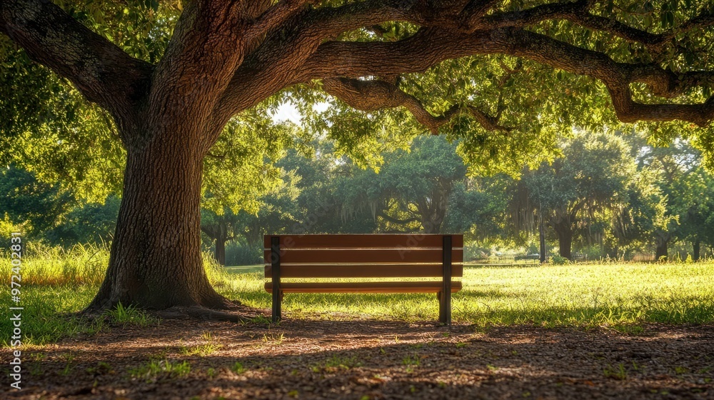 An empty park bench under a large oak tree, with soft sunlight filtering through the branches An empty park bench under a large oak tree, with soft sunlight filtering through the branches
