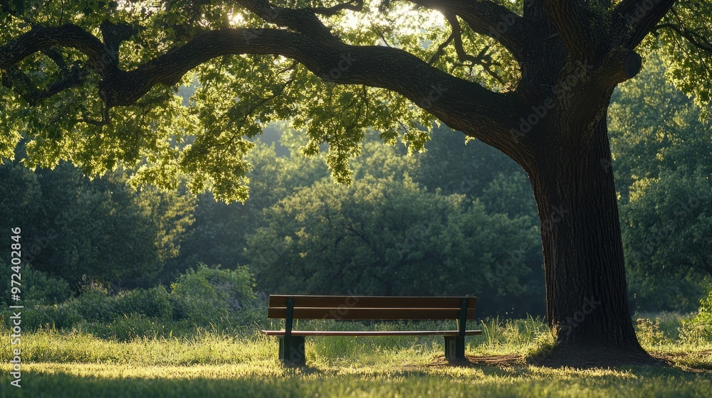 An empty park bench under a large oak tree, with soft sunlight filtering through the branches
