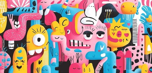 A colorful cartoon world with animated characters going about their day in a funky, groovy style, reminiscent of 1960s art,