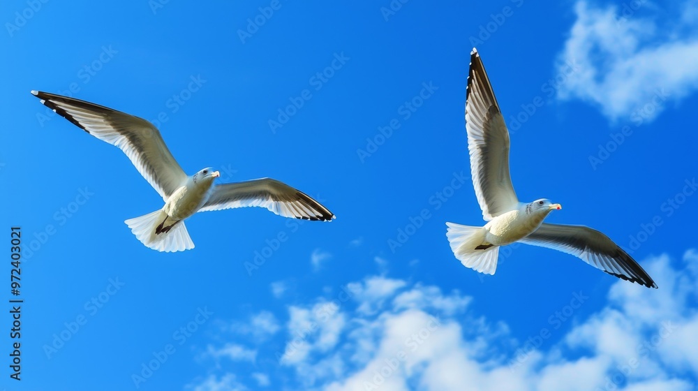 Seagulls Flying in Blue Sky, Wildlife and Nature Concept Generative AI Seagulls Flying in Blue Sky, Wildlife and Nature Concept Generative AI