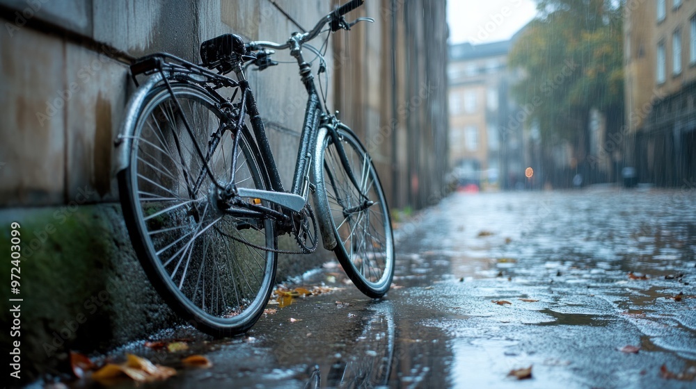 A bicycle parked against a wall, covered in rain, with puddles forming on the wet pavement around it A bicycle parked against a wall, covered in rain, with puddles forming on the wet pavement around it