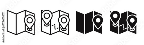 Map and location symbols set. Mapping icon collection. Geolocation map path. GPS cartography position. Pinpoint, map search, route, navigator. Vector illustration.