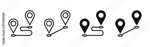 Distance and location symbols set. Mapping icon collection. Geolocation map path. GPS cartography position. Pinpoint, map search, route, navigator. Vector illustration.