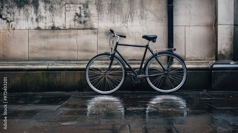 A bicycle parked against a wall, covered in rain, with puddles forming on the wet pavement around it A bicycle parked against a wall, covered in rain, with puddles forming on the wet pavement around it