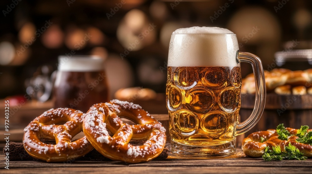 oktoberfest beer and pretzels on a rustic wooden table in a German Bavarian pub setting with cold mugs full of foam, a classic scene with blurred background and warm ambiance oktoberfest beer and pretzels on a rustic wooden table in a German Bavarian pub setting with cold mugs full of foam, a classic scene with blurred background and warm ambiance