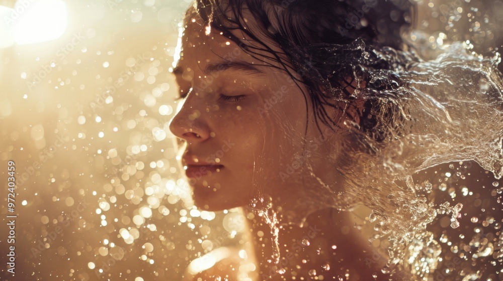 Close-up of a serene young woman with closed eyes, her face surrounded by splashing water and illuminated by soft, golden light. The bokeh-filled background adds to the tranquil, ethereal atmosphere Close-up of a serene young woman with closed eyes, her face surrounded by splashing water and illuminated by soft, golden light. The bokeh-filled background adds to the tranquil, ethereal atmosphere